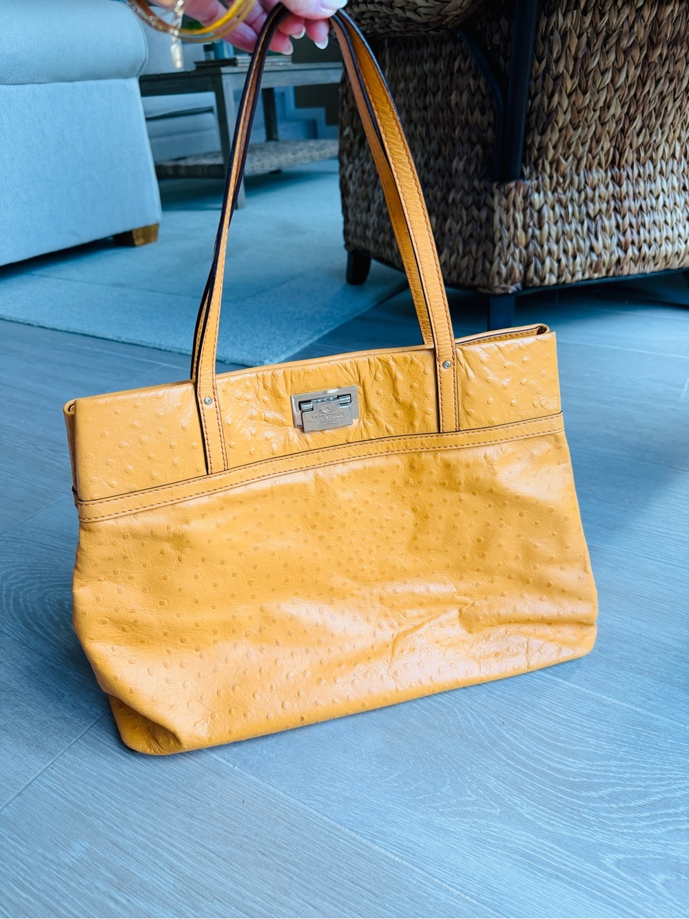 kate spade Orange Ostrich-Embossed Shoulder Tote - Picture 2 of 15